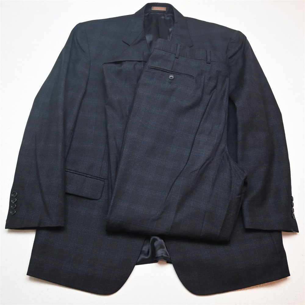 Angelo Nardelli 44R 38x32 Navy Blue Plaid Flannel Wool Mens Jacket Pants Suit